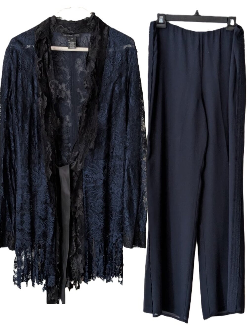 Marie Saint Pierre 2-Piece Sheer Lace Duster & Wide Leg Pant Suit Set Size 3